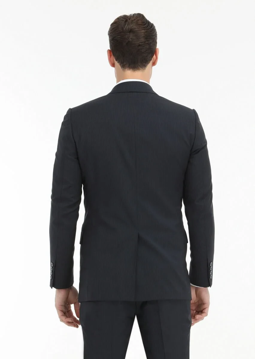 Lacivert Çizgili Thin&taller Slim Fit %100 Yün Takım Elbise - 4