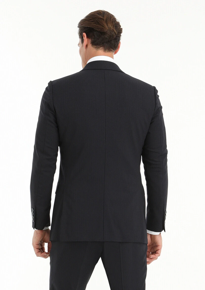 Lacivert Çizgili Thin&taller Slim Fit %100 Yün Takım Elbise - 4