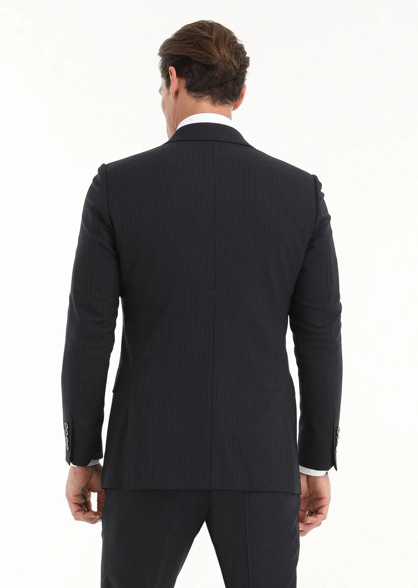 Lacivert Çizgili Thin&taller Slim Fit %100 Yün Takım Elbise - 4