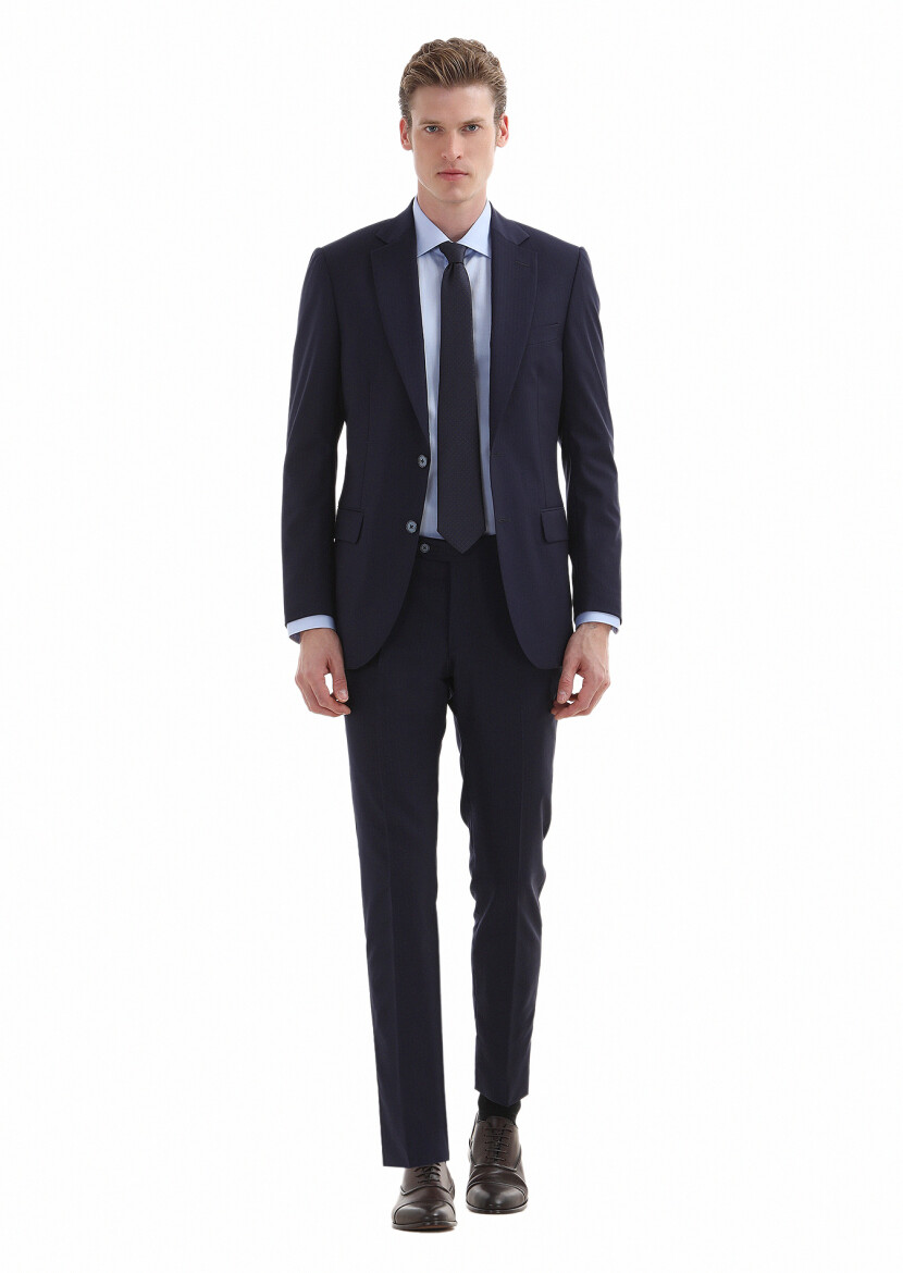 Lacivert Çizgili Thin&taller Slim Fit %100 Yün Takım Elbise - 1