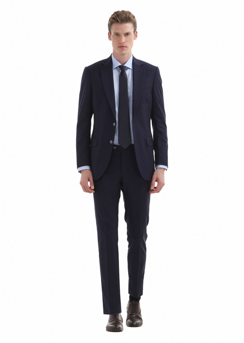 Lacivert Çizgili Thin&taller Slim Fit %100 Yün Takım Elbise - 1
