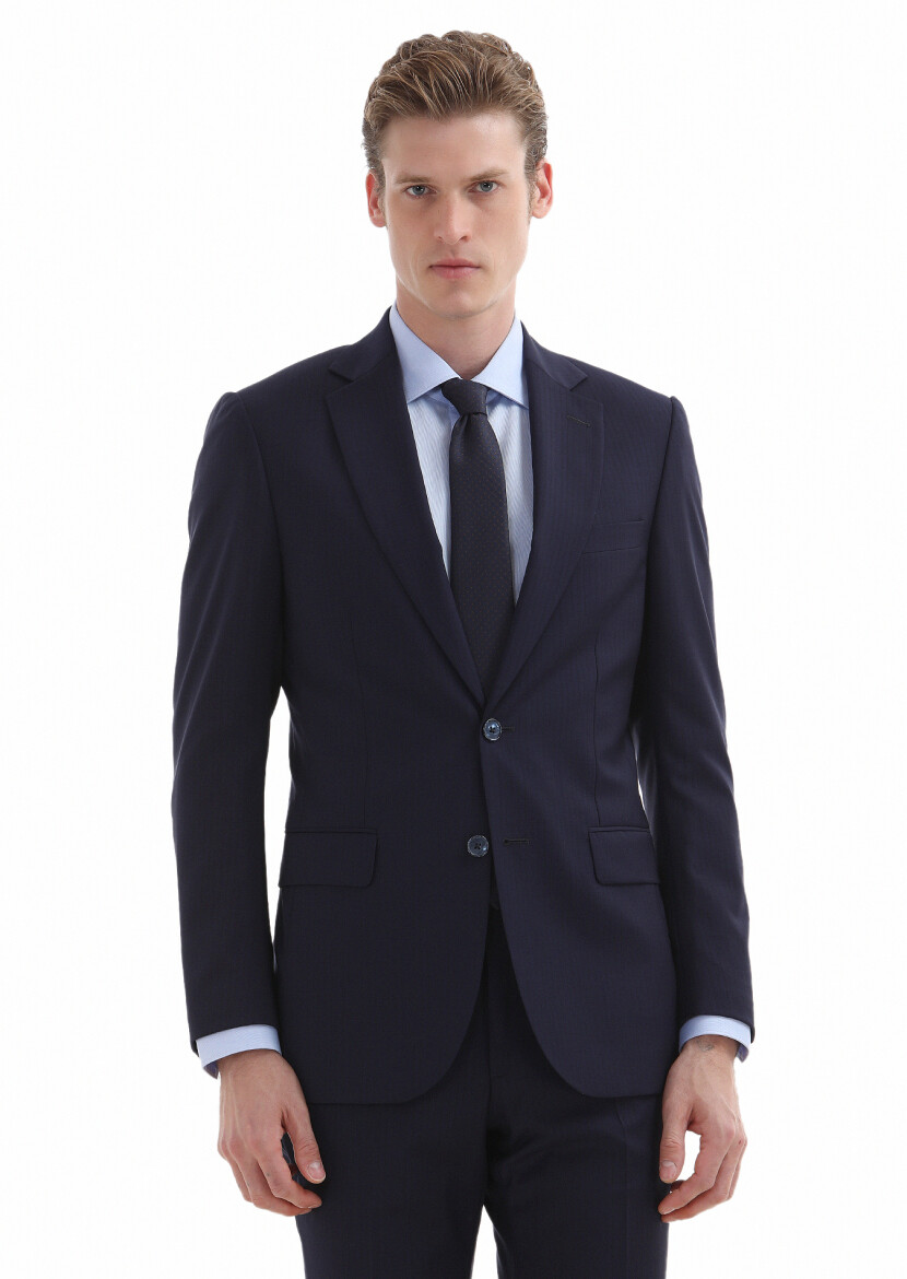 Lacivert Çizgili Thin&taller Slim Fit %100 Yün Takım Elbise 