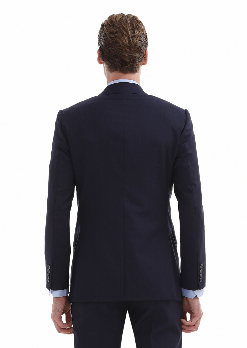 Lacivert Çizgili Thin&taller Slim Fit %100 Yün Takım Elbise - 4