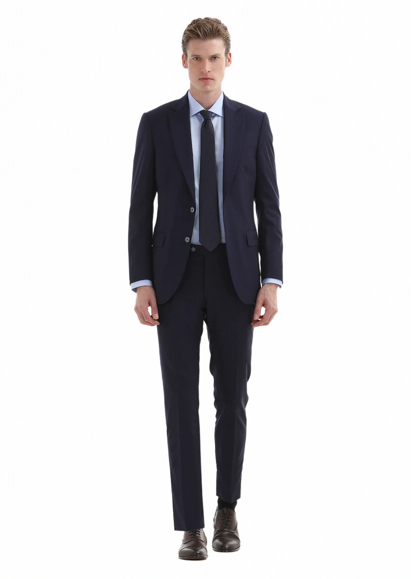 Lacivert Çizgili Thin&taller Slim Fit %100 Yün Takım Elbise - 1