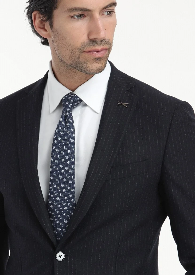 Lacivert Çizgili Thin&taller Slim Fit %100 Yün Takım Elbise - 1