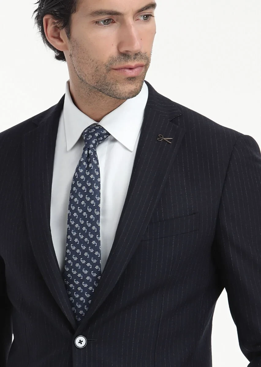 Lacivert Çizgili Thin&taller Slim Fit %100 Yün Takım Elbise - 1