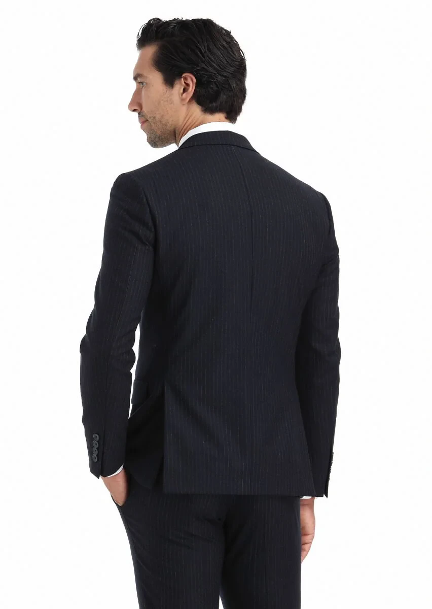 Lacivert Çizgili Thin&taller Slim Fit %100 Yün Takım Elbise - 5