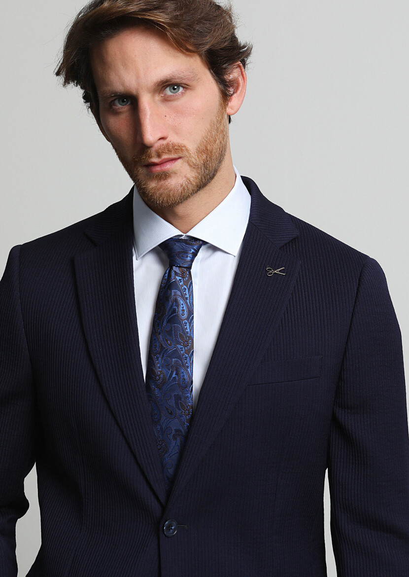 Lacivert Çizgili Thin&taller Slim Fit Yün Karışımlı Takım Elbise - 2