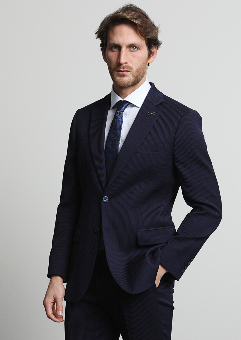 Lacivert Çizgili Thin&taller Slim Fit Yün Karışımlı Takım Elbise - 3