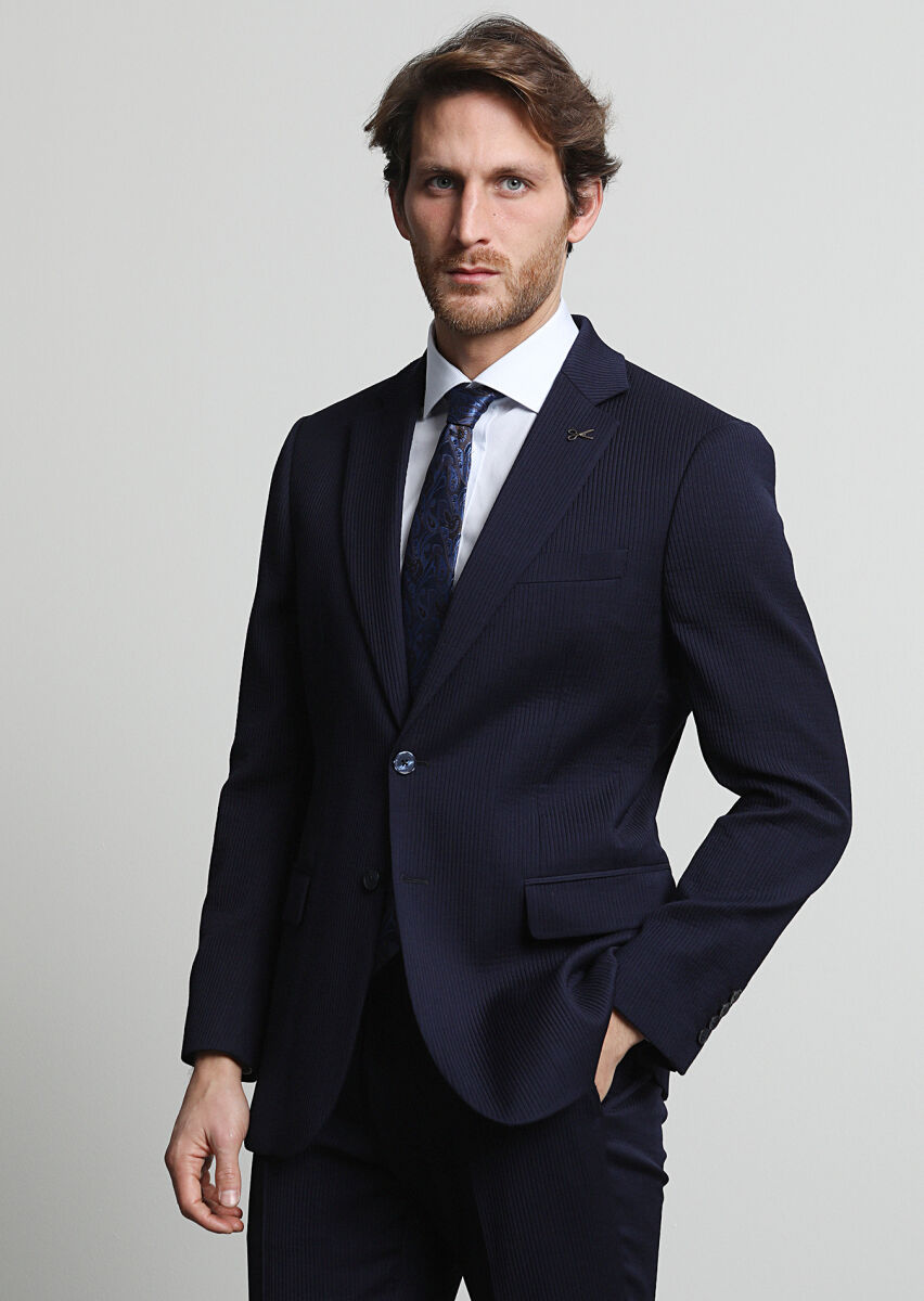 Lacivert Çizgili Thin&taller Slim Fit Yün Karışımlı Takım Elbise - 3