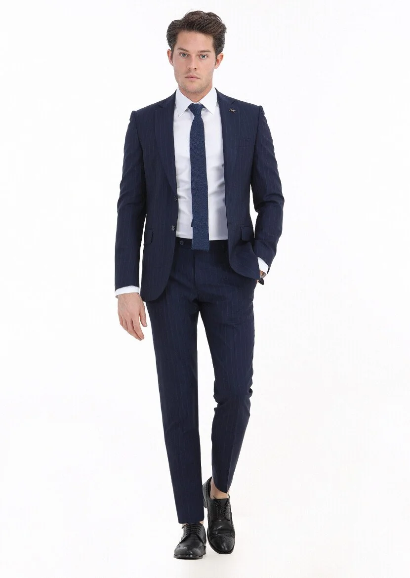 Lacivert Çizgili Thin&taller Slim Fit Yün Karışımlı Takım Elbise - 1