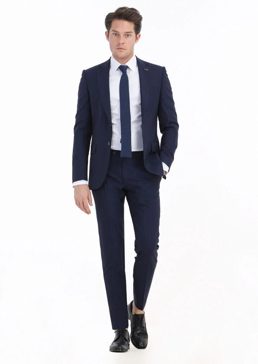 Lacivert Çizgili Thin&taller Slim Fit Yün Karışımlı Takım Elbise - 1