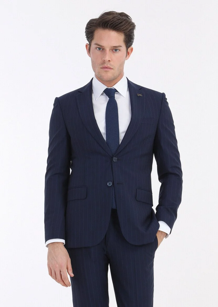Lacivert Çizgili Thin&taller Slim Fit Yün Karışımlı Takım Elbise - 2