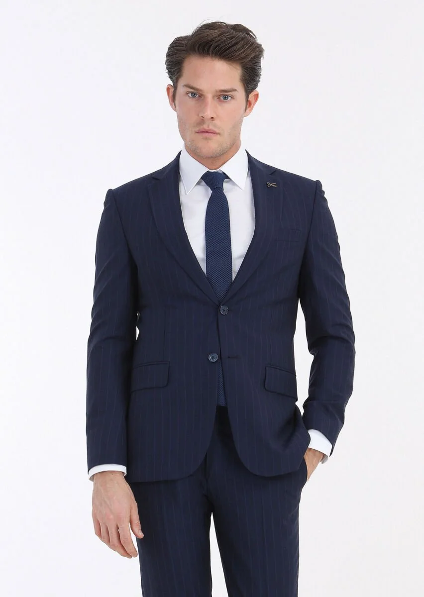Lacivert Çizgili Thin&taller Slim Fit Yün Karışımlı Takım Elbise - 2