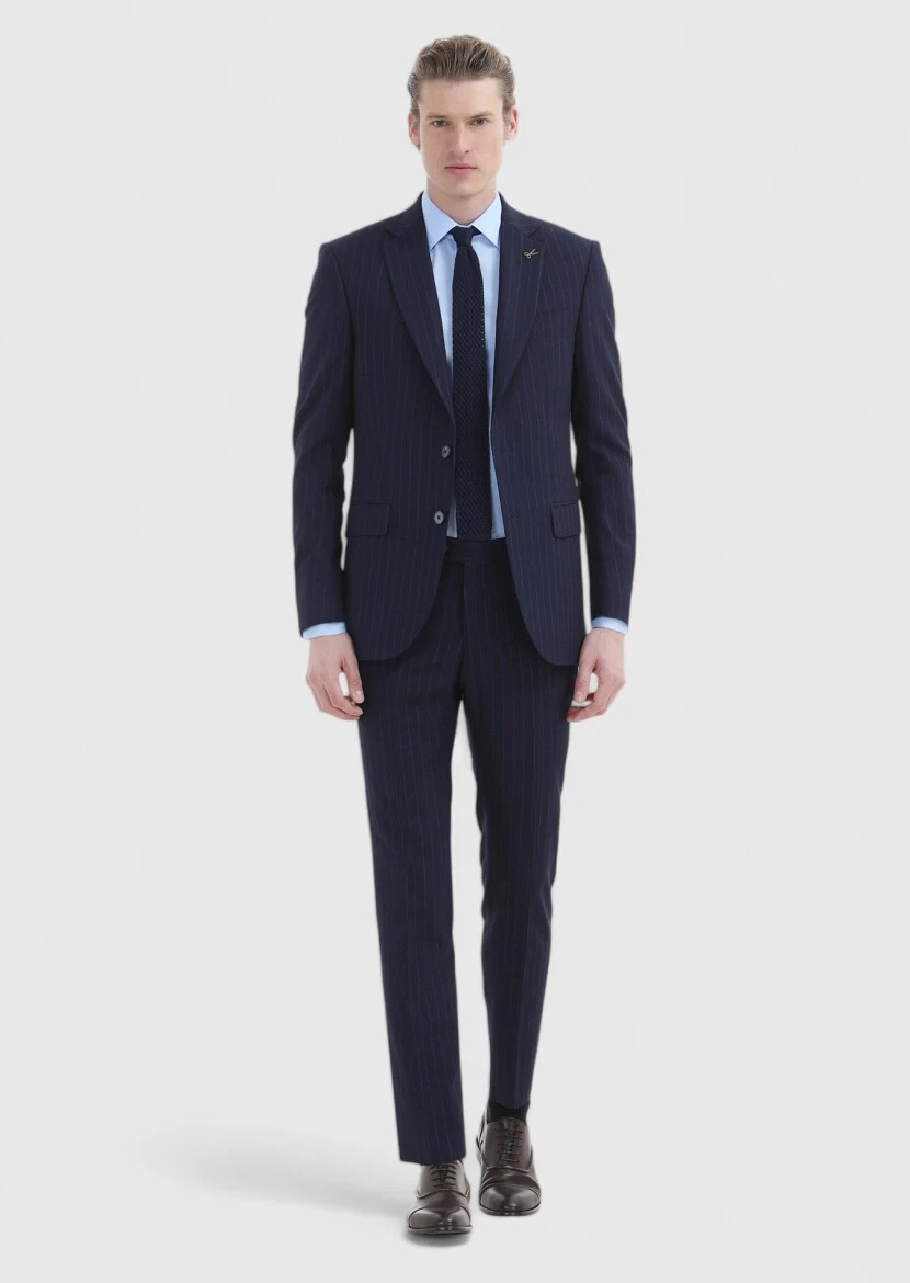 Lacivert Çizgili Thin&taller Slim Fit Yün Karışımlı Takım Elbise - 1