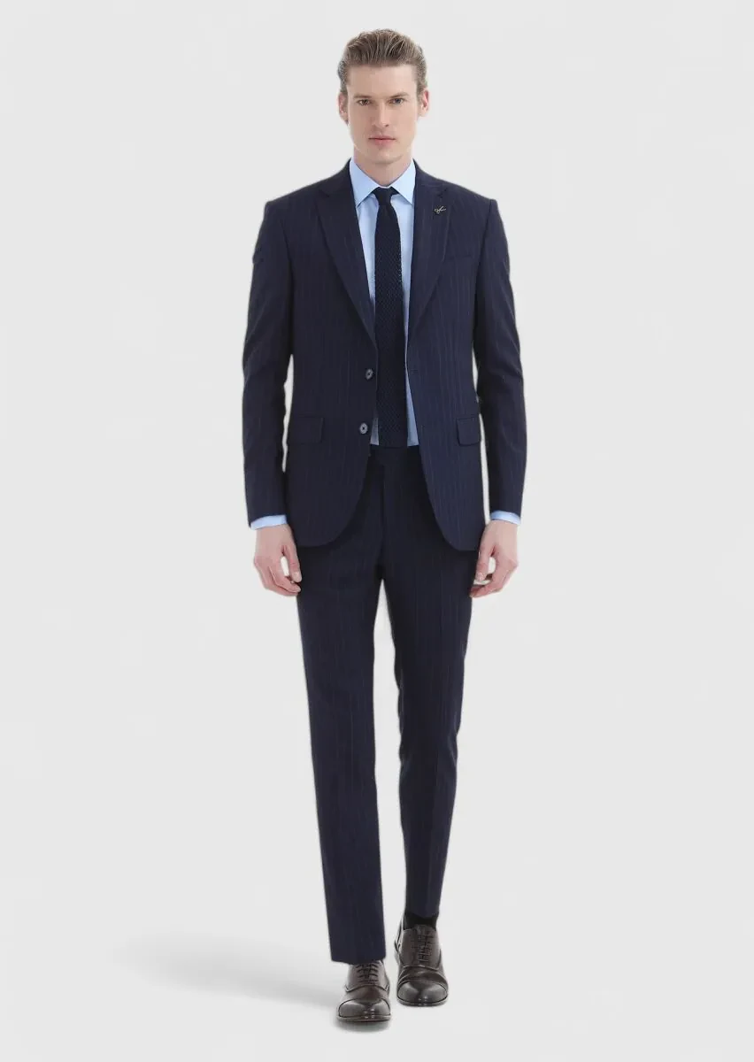 Lacivert Çizgili Thin&taller Slim Fit Yün Karışımlı Takım Elbise - 1