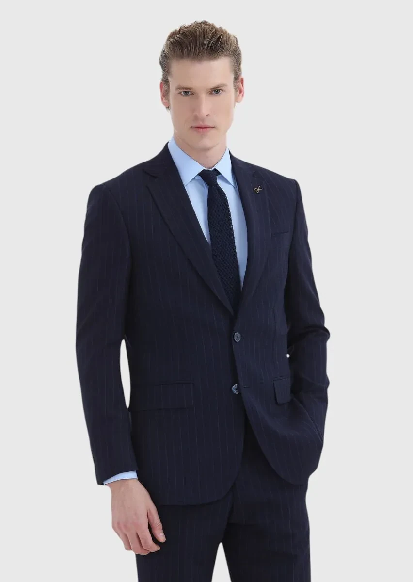 Lacivert Çizgili Thin&taller Slim Fit Yün Karışımlı Takım Elbise - 2