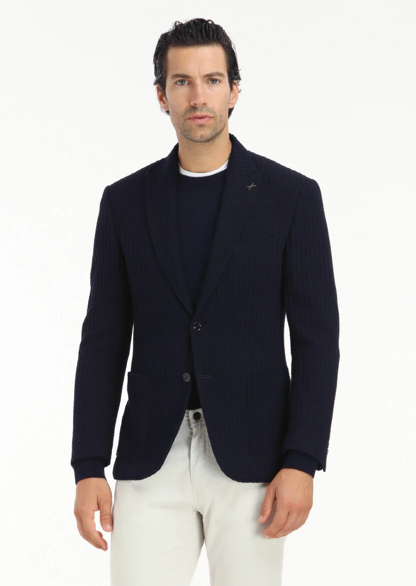 Lacivert Çizgili Zeroweight Slim Fit %100 Pamuk Örme Ceket - 3