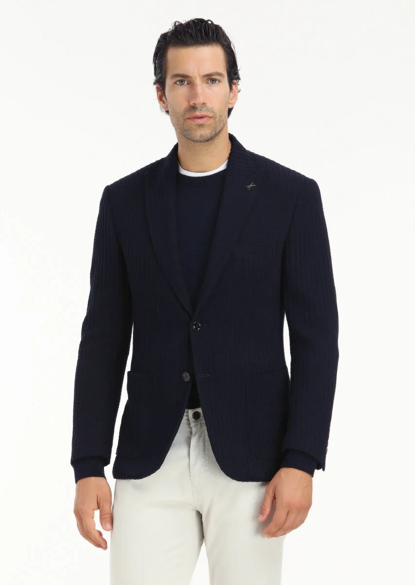 Lacivert Çizgili Zeroweight Slim Fit %100 Pamuk Örme Ceket - 3