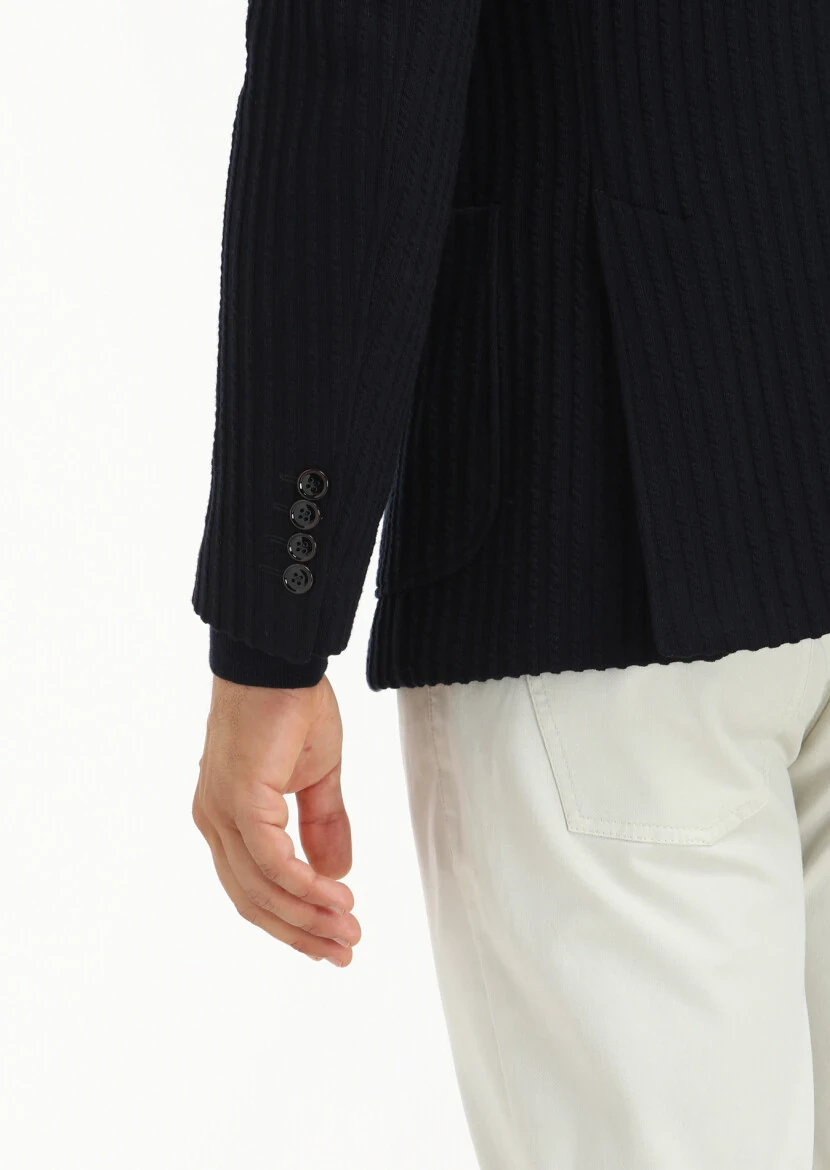 Lacivert Çizgili Zeroweight Slim Fit %100 Pamuk Örme Ceket - 4