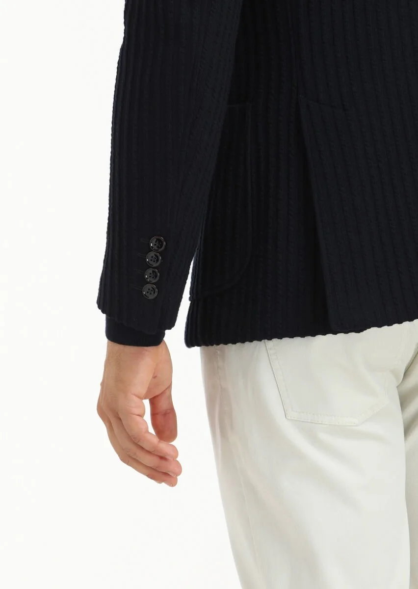 Lacivert Çizgili Zeroweight Slim Fit %100 Pamuk Örme Ceket - 4