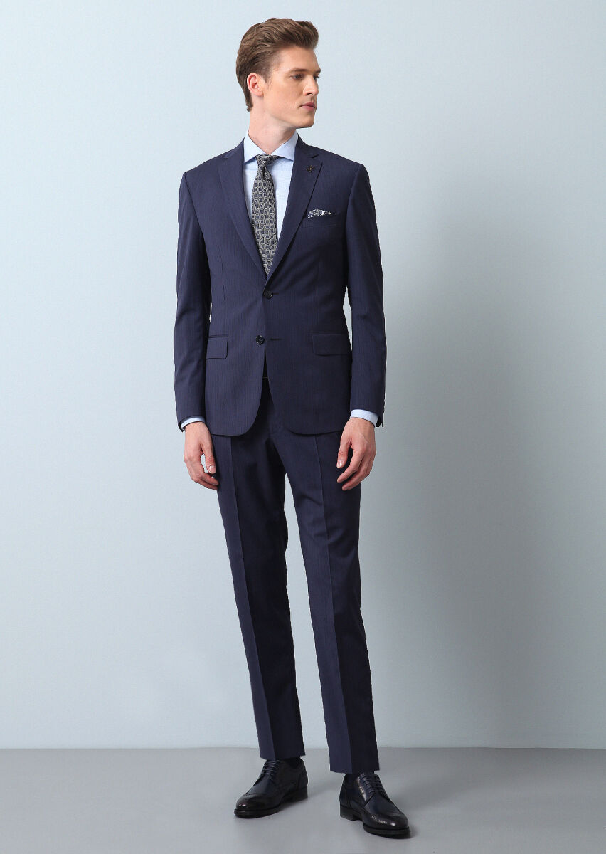 Lacivert Çizgili Zeroweight Slim Fit %100 Yün Takım Elbise - 1