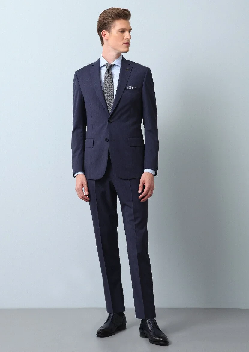 Lacivert Çizgili Zeroweight Slim Fit %100 Yün Takım Elbise - 1