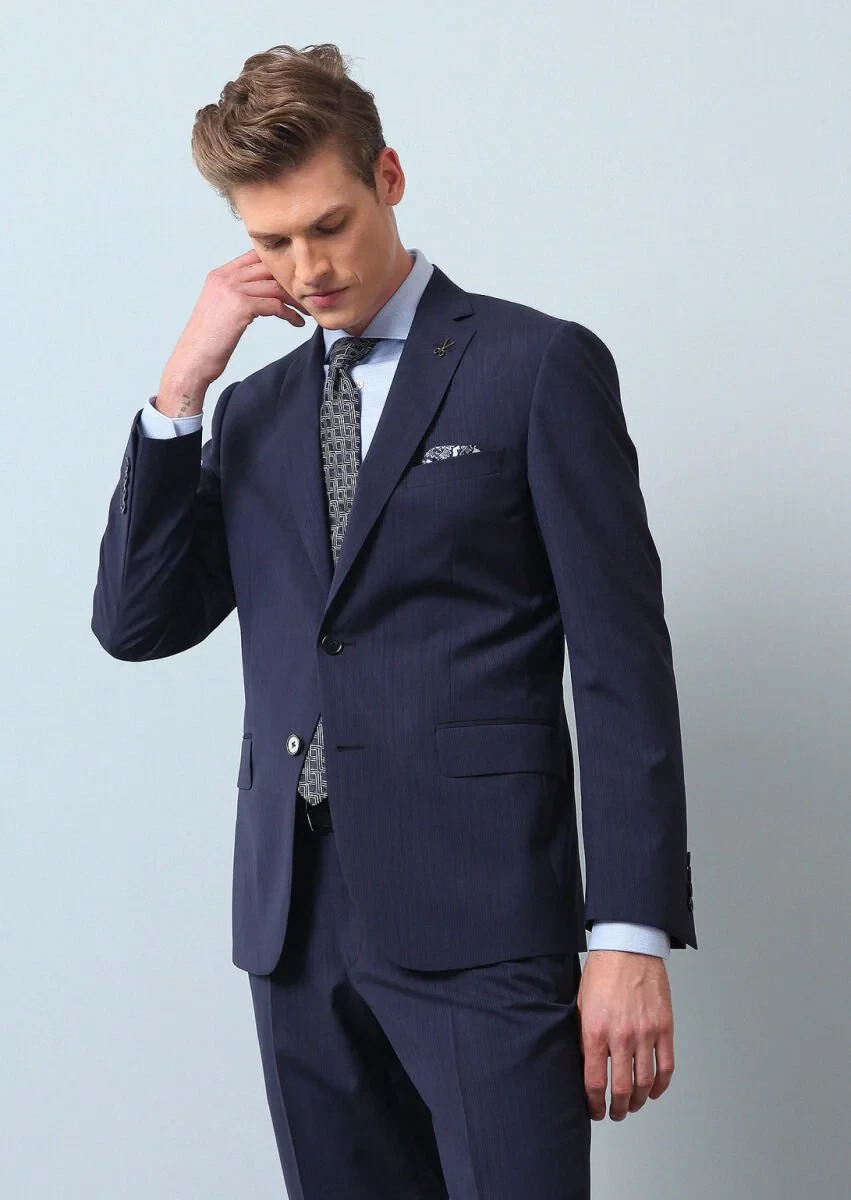 Lacivert Çizgili Zeroweight Slim Fit %100 Yün Takım Elbise - 3