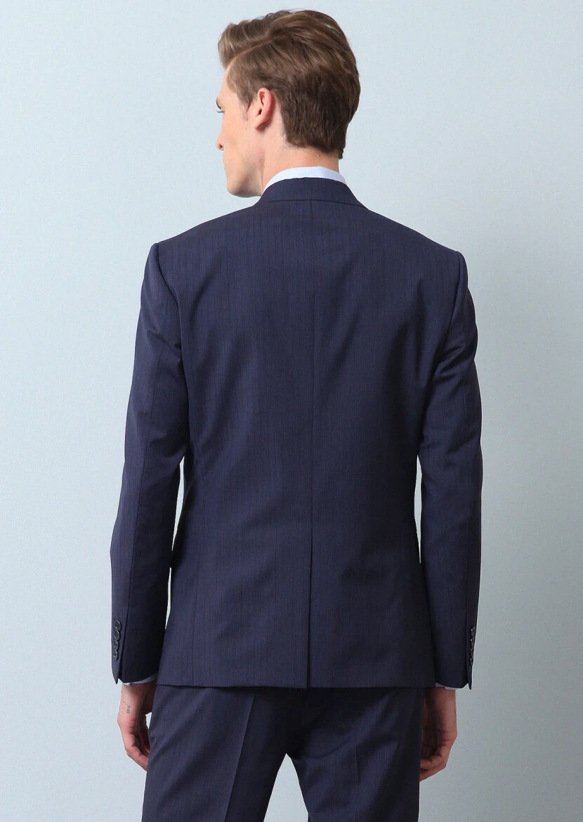 Lacivert Çizgili Zeroweight Slim Fit %100 Yün Takım Elbise - 5