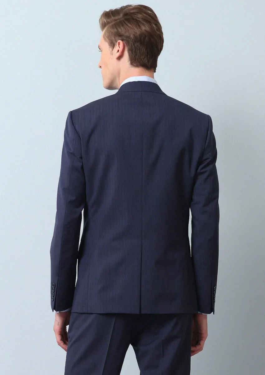 Lacivert Çizgili Zeroweight Slim Fit %100 Yün Takım Elbise - 5