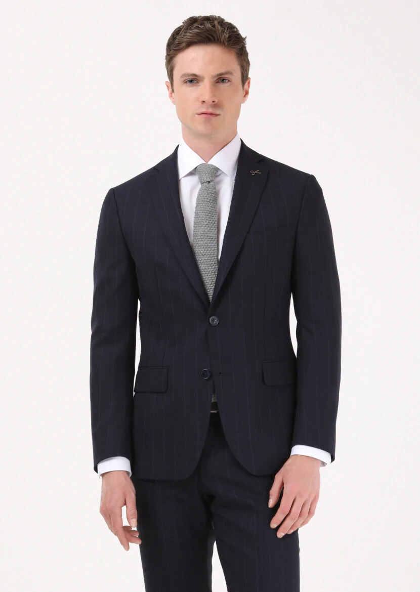 Lacivert Çizgili Zeroweight Slim Fit %100 Yün Takım Elbise - 2