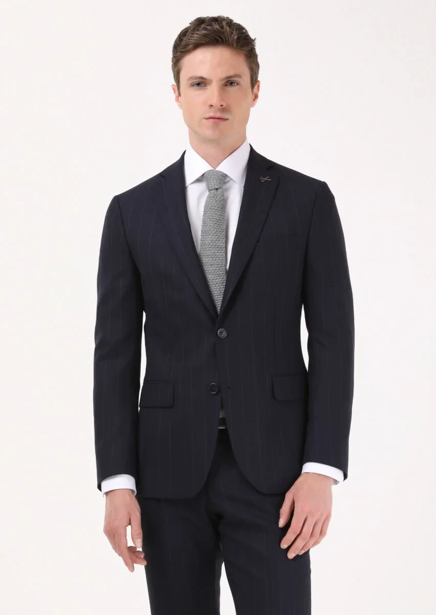 Lacivert Çizgili Zeroweight Slim Fit %100 Yün Takım Elbise - 2
