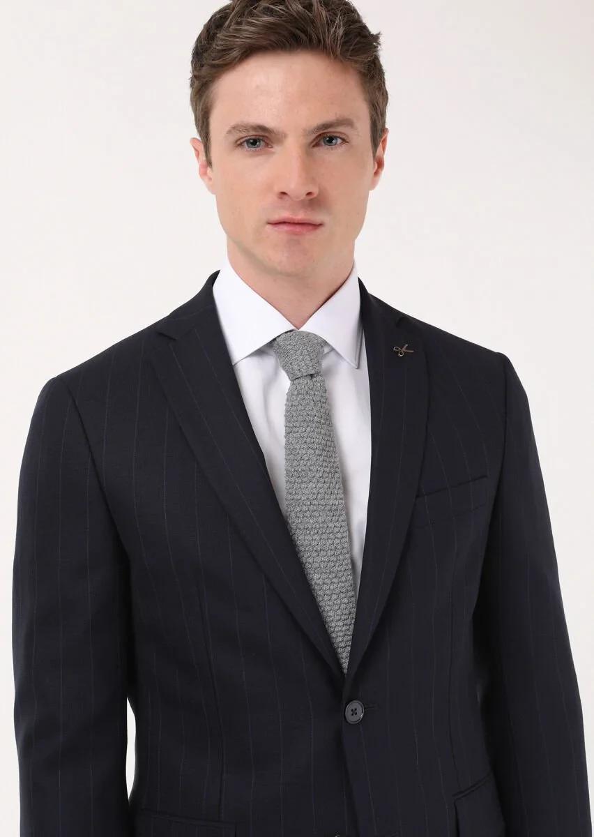 Lacivert Çizgili Zeroweight Slim Fit %100 Yün Takım Elbise - 3