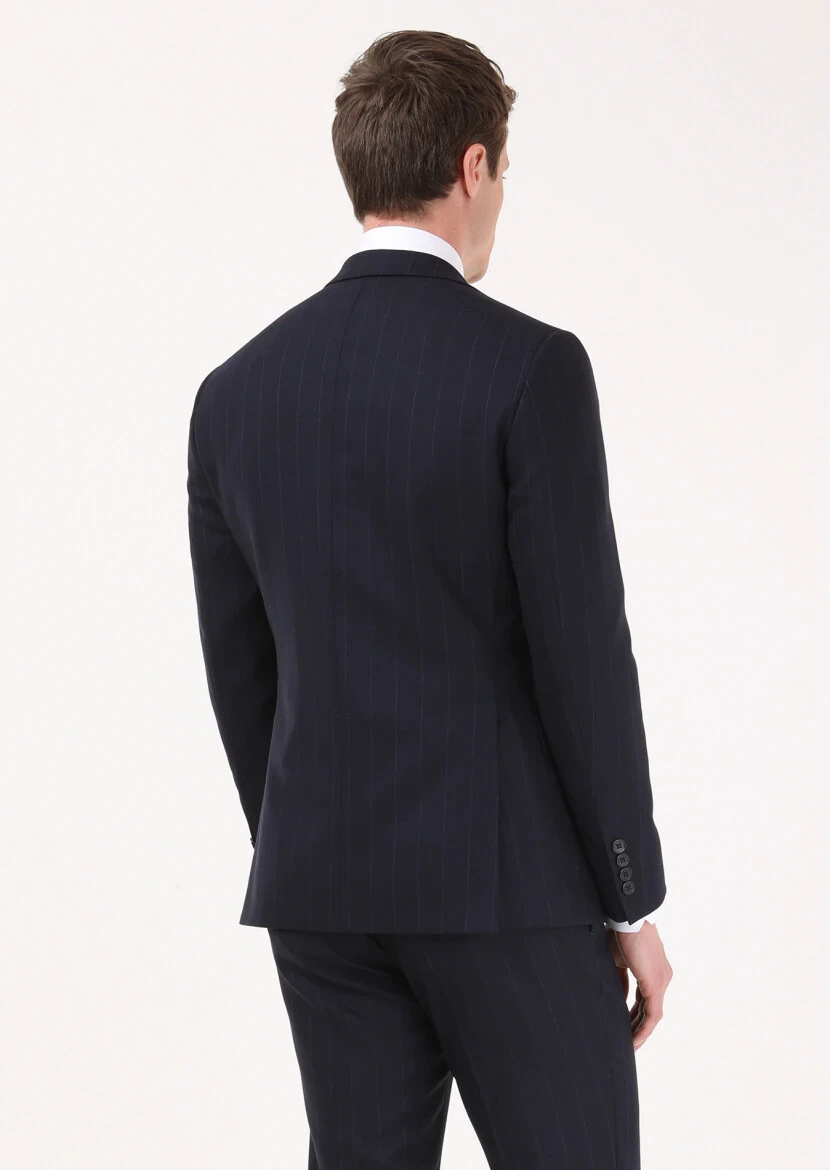 Lacivert Çizgili Zeroweight Slim Fit %100 Yün Takım Elbise - 4