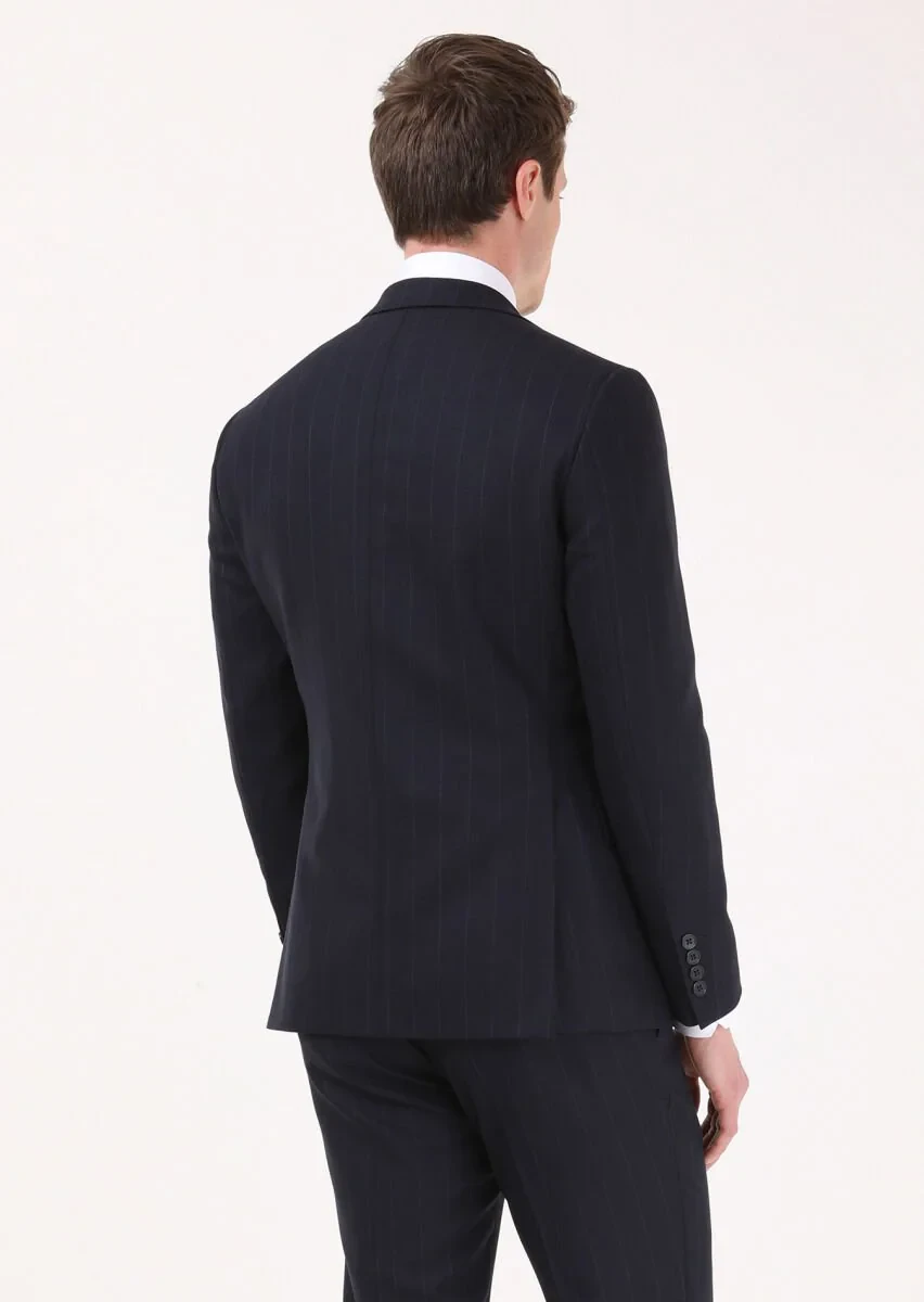 Lacivert Çizgili Zeroweight Slim Fit %100 Yün Takım Elbise - 4