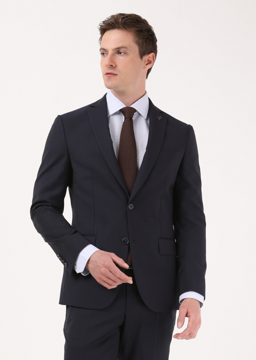 Lacivert Çizgili Zeroweight Slim Fit %100 Yün Takım Elbise - 2