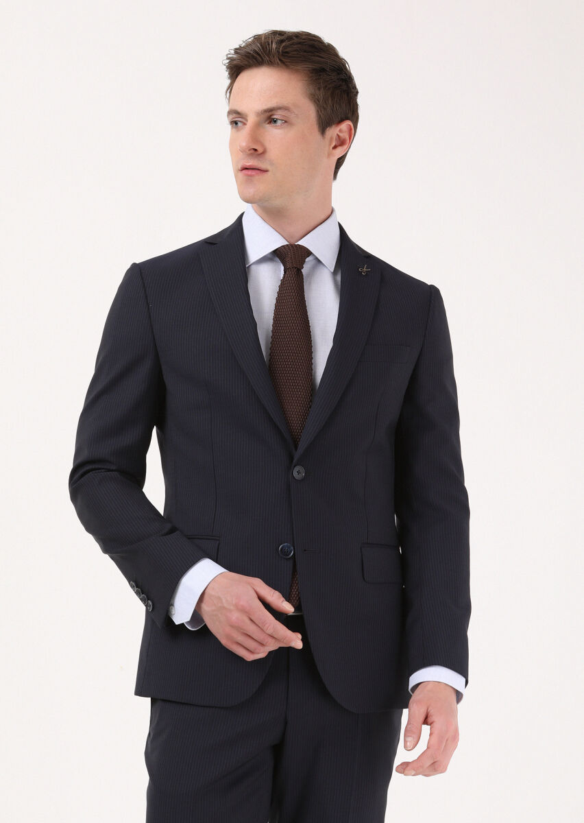 Lacivert Çizgili Zeroweight Slim Fit %100 Yün Takım Elbise - 2