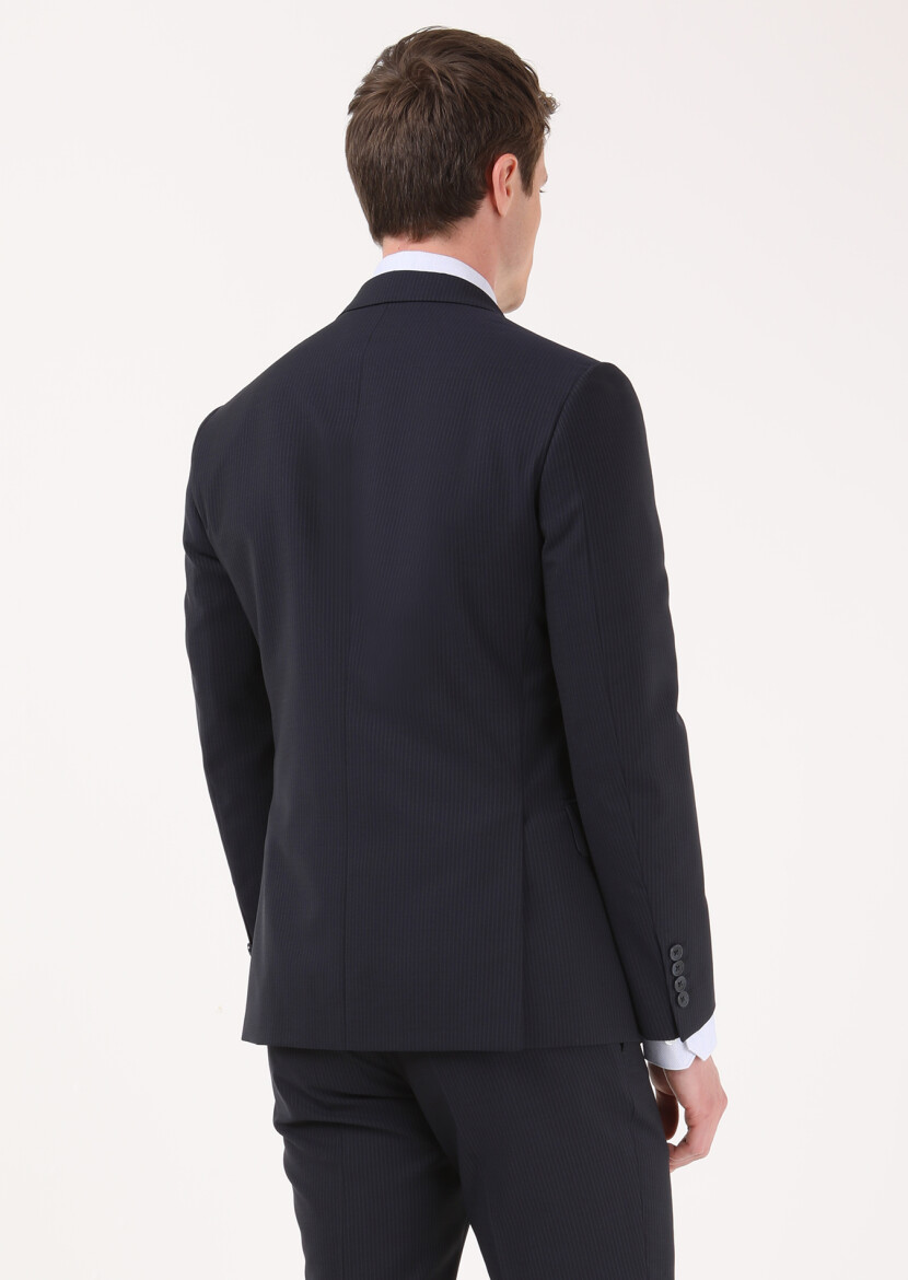 Lacivert Çizgili Zeroweight Slim Fit %100 Yün Takım Elbise - 4