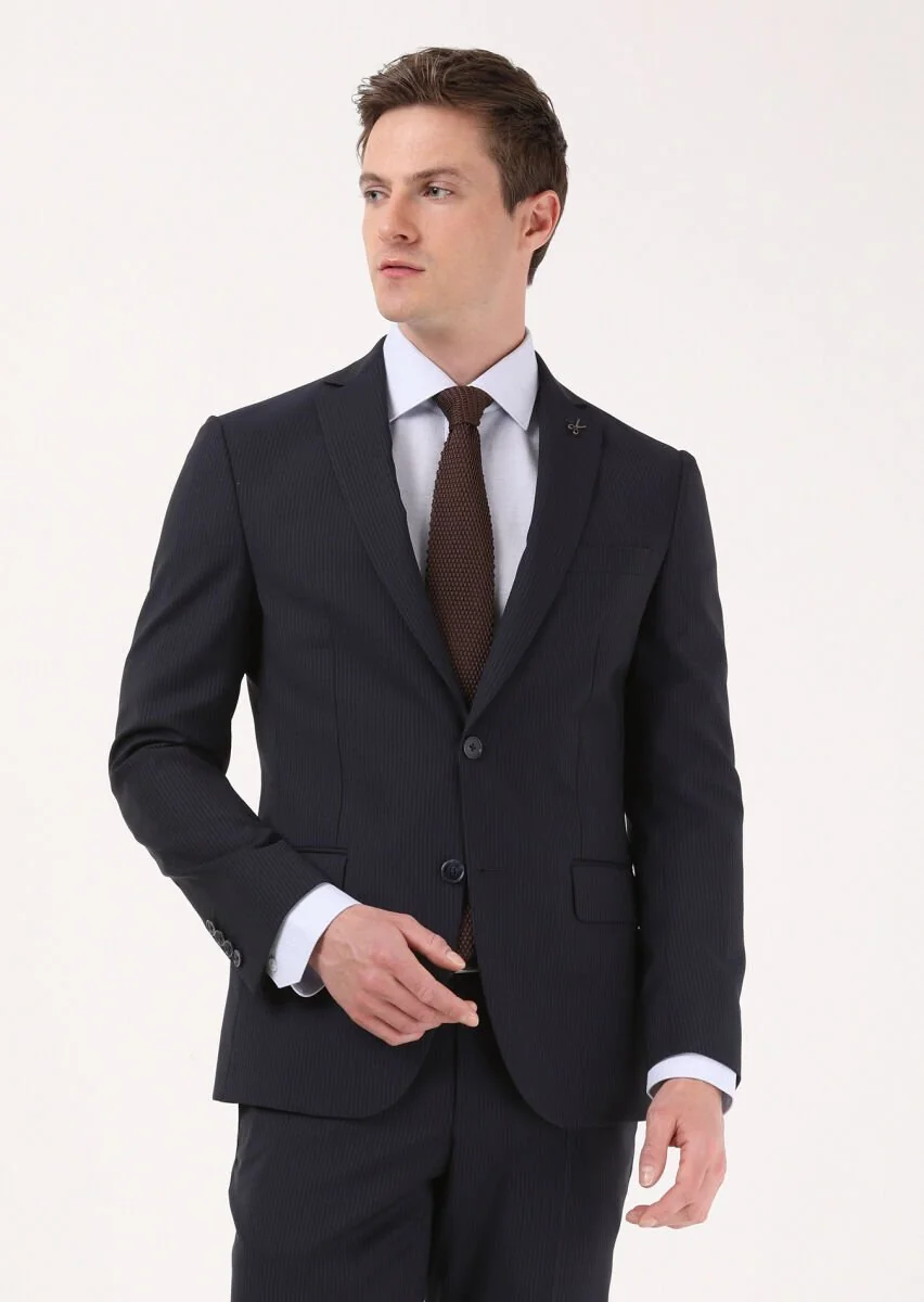 Lacivert Çizgili Zeroweight Slim Fit %100 Yün Takım Elbise - 2
