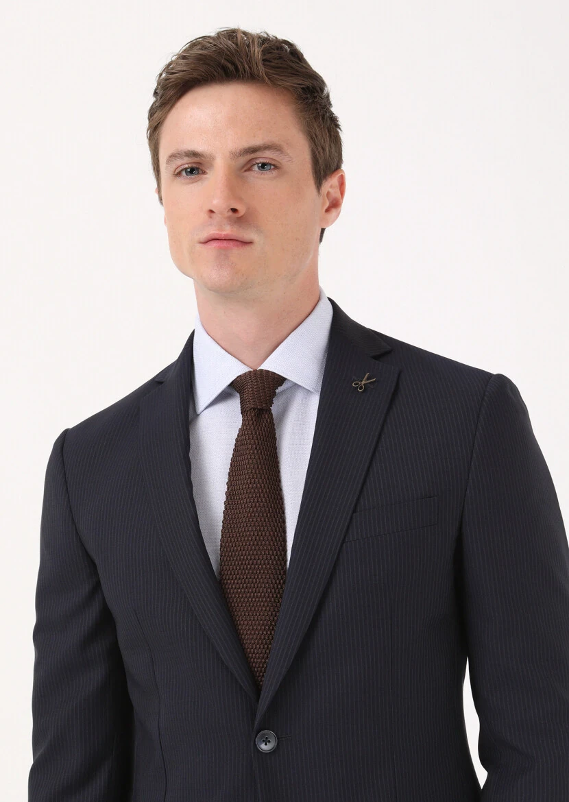 Lacivert Çizgili Zeroweight Slim Fit %100 Yün Takım Elbise - 3
