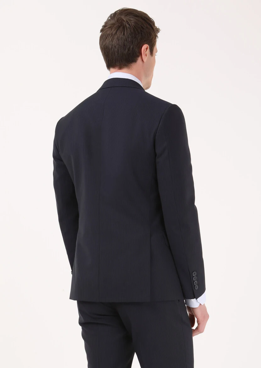 Lacivert Çizgili Zeroweight Slim Fit %100 Yün Takım Elbise - 4