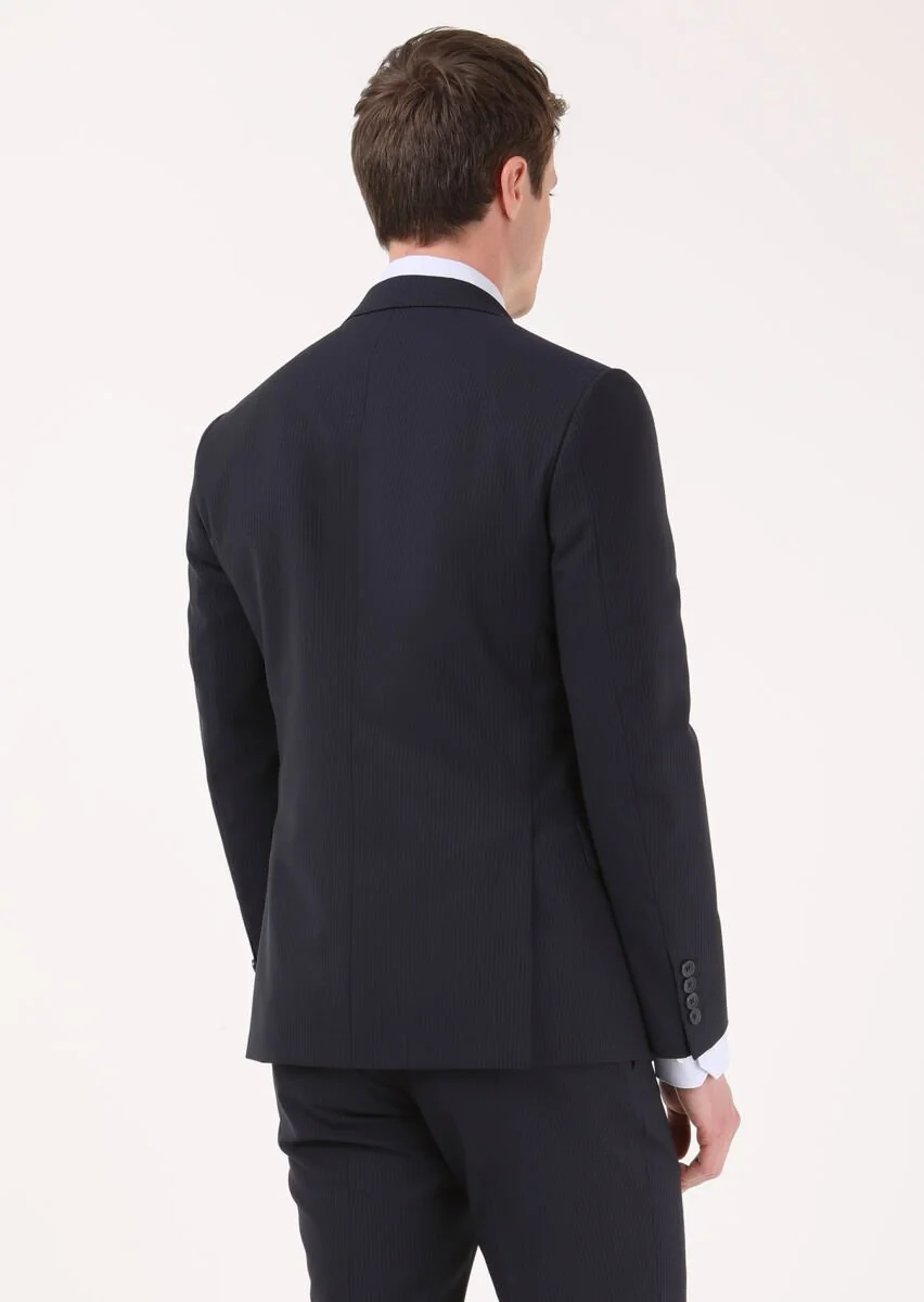 Lacivert Çizgili Zeroweight Slim Fit %100 Yün Takım Elbise - 4