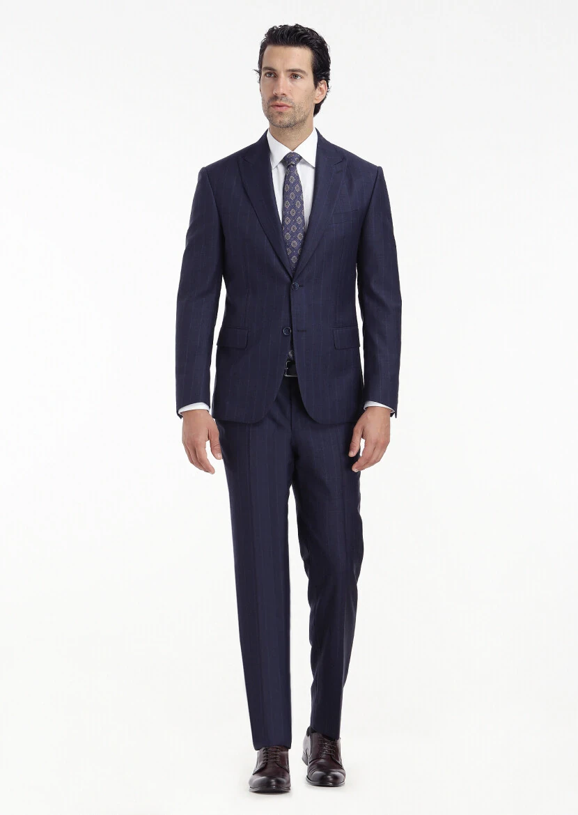 Lacivert Çizgili Zeroweight Slim Fit %100 Yün Takım Elbise - 1