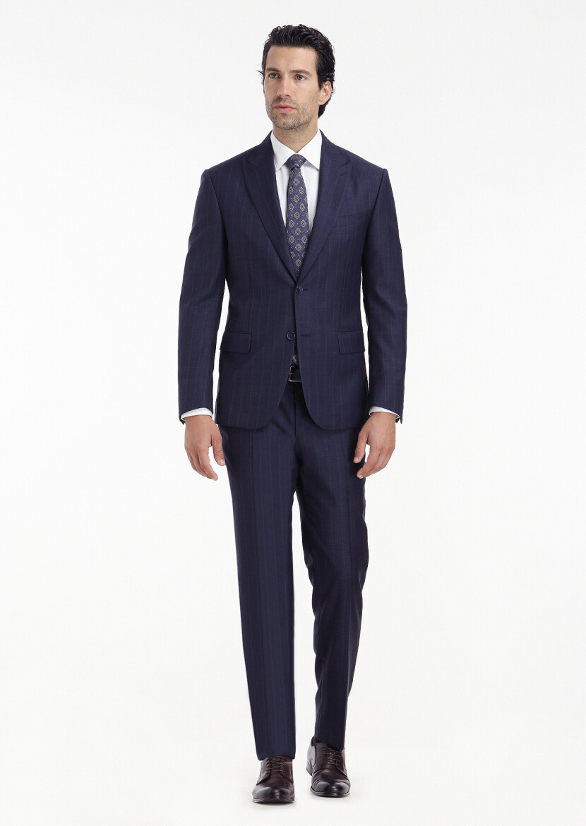 Lacivert Çizgili Zeroweight Slim Fit %100 Yün Takım Elbise 