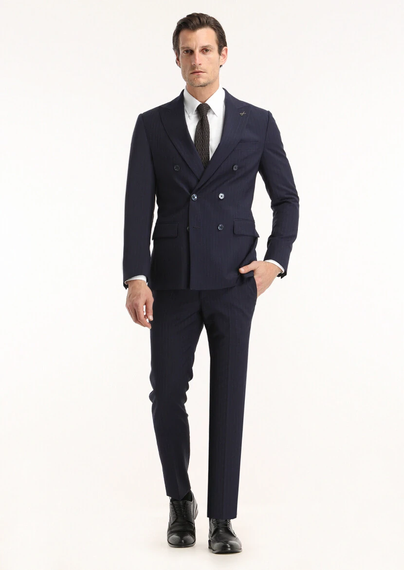 Lacivert Çizgili Zeroweight Slim Fit %100 Yün Takım Elbise - 1