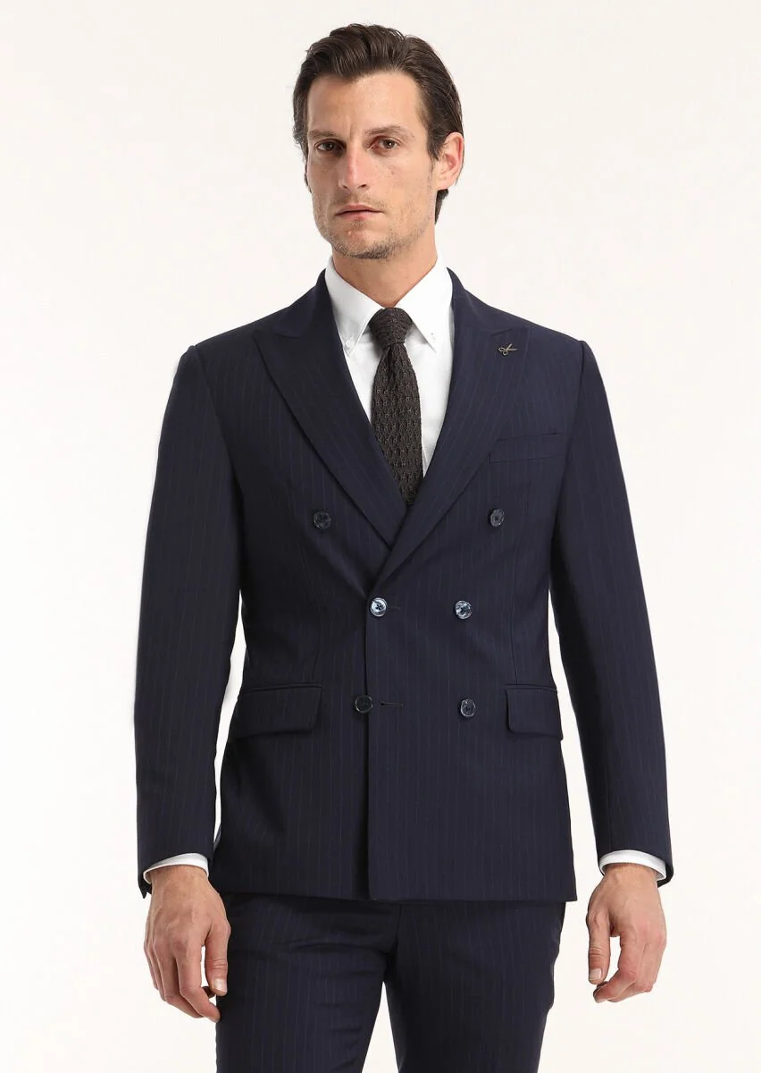 Lacivert Çizgili Zeroweight Slim Fit %100 Yün Takım Elbise - 2