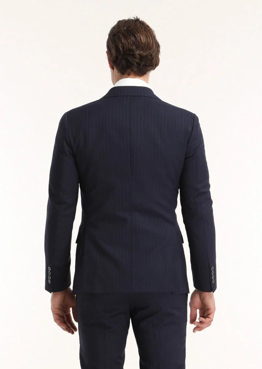 Lacivert Çizgili Zeroweight Slim Fit %100 Yün Takım Elbise - 4