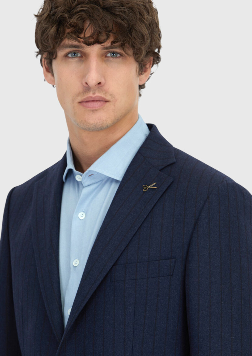 Lacivert Çizgili Zeroweight Slim Fit %100 Yün Takım Elbise - 4