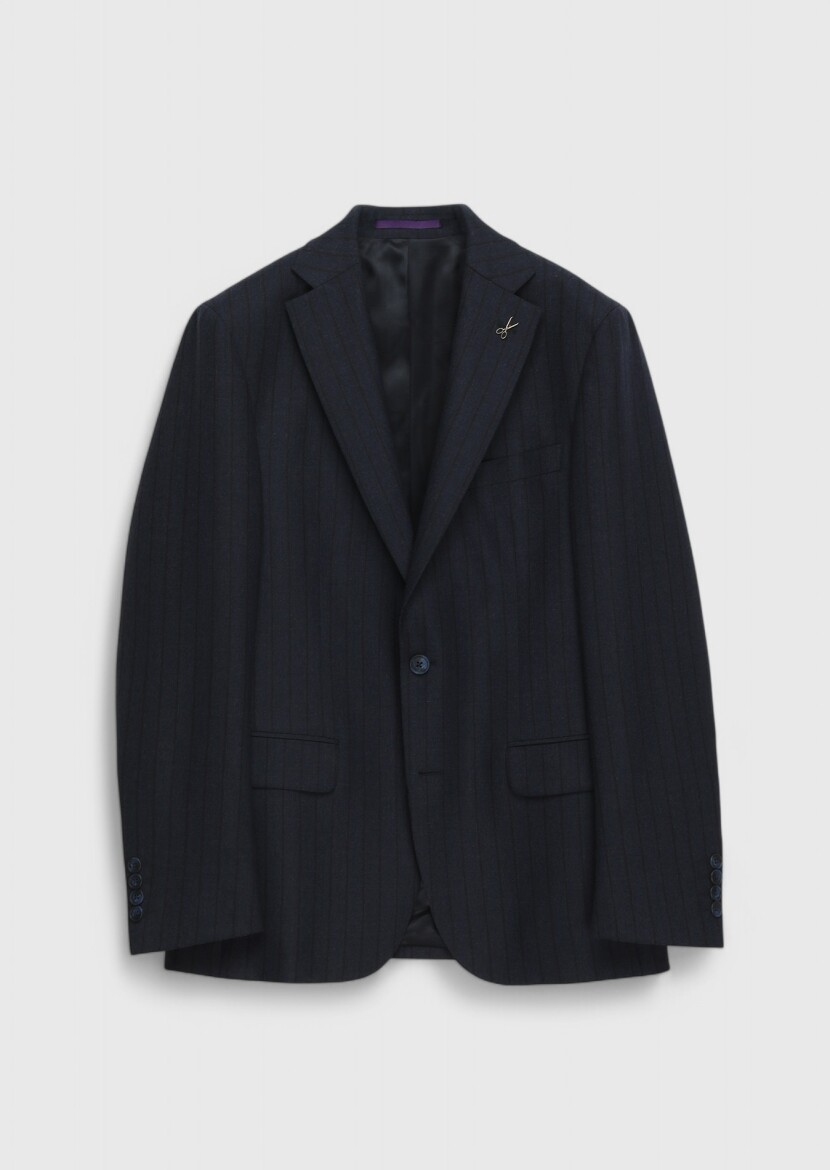 Lacivert Çizgili Zeroweight Slim Fit %100 Yün Takım Elbise - 8