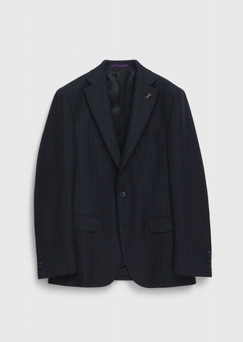 Lacivert Çizgili Zeroweight Slim Fit %100 Yün Takım Elbise - 8